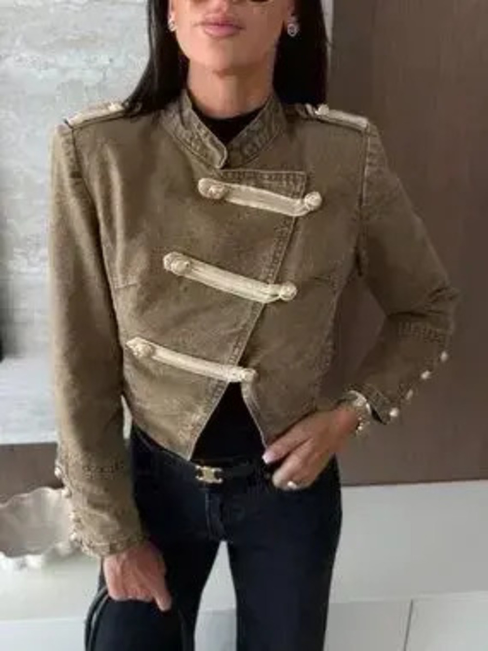 Button Detail Cropped Denim Jacket - Picture 1 of 4